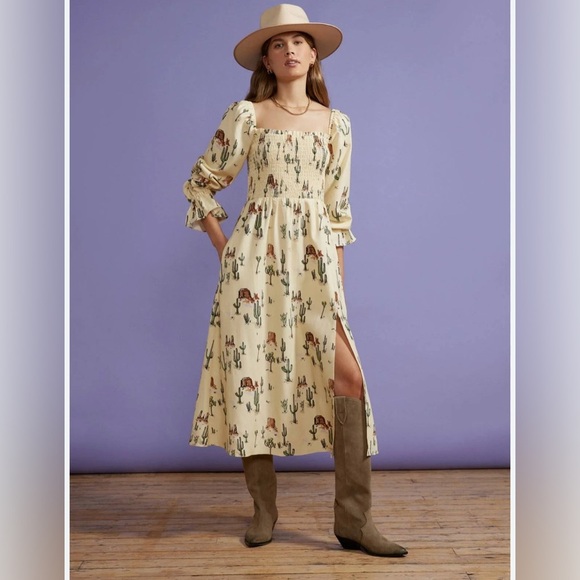 NWOT Jolene Joshua Tree Butter Yellow Print Shirred Western Print Dress - Picture 4 of 12